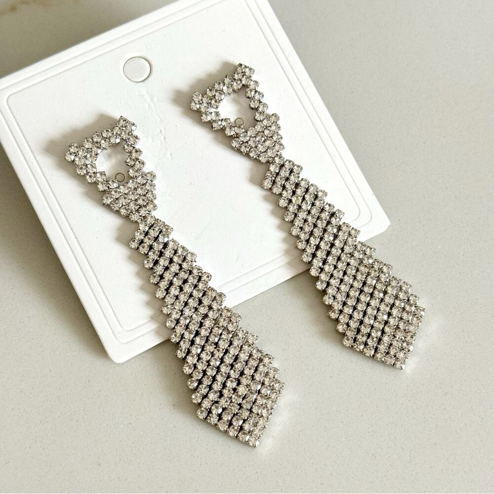 Silver Tone Rhinestone Tie Pierced Long Earrings - Picture 2 of 3